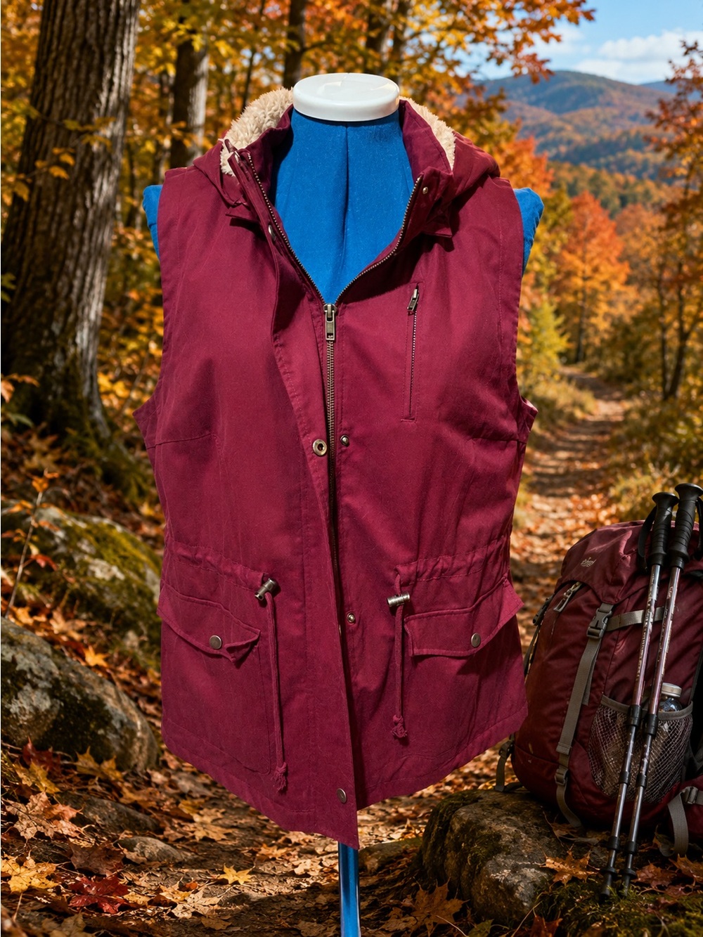 Love Tree Wine Red Vest with Tan Faux Fur Trim